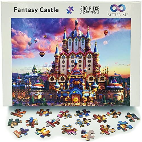 Fantasy Castle 500 Piece Castle Puzzle For Adults & Kids, Whimsical Fairy Tale Princess' Palace Illustration, Hot Air Balloons, Pink Sunset Clouds & Sky #TOP6