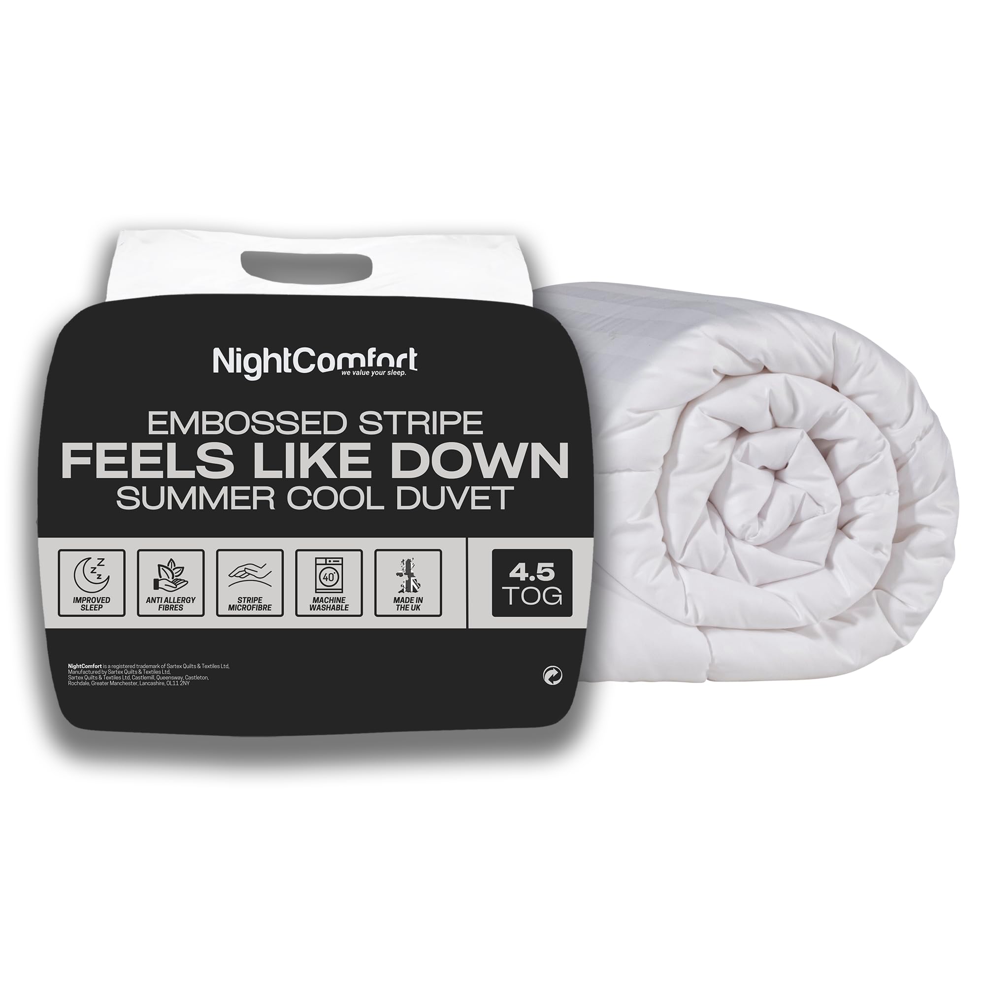 Night Comfort 4.5 Tog Summer Cool Super King Duvet - Hypoallergenic, Anti-Allergy Microfibre Soft Touch Satin Stripe Cover - Feels Like Down Hotel Collection Lightweight Duvet (White, 260cmx220cm)