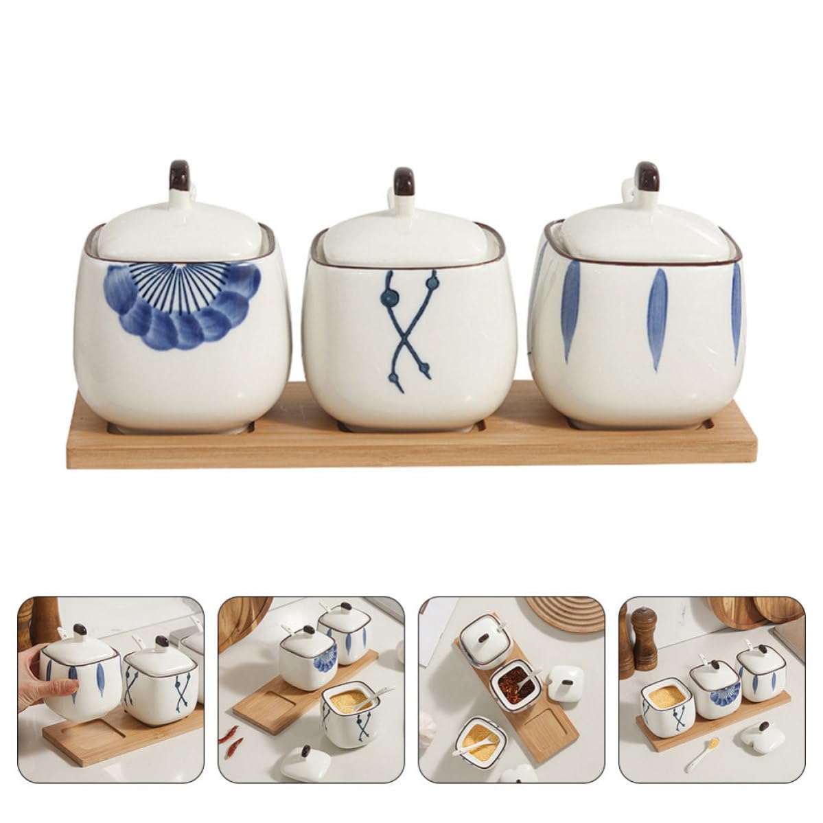 Set di Tre Barattoli di Ceramica per Spezie con Coperchio e Vassoio