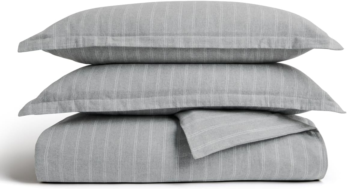 Christy Flannel Stripe Queen Duvet Set Brushed Cotton | Luxury Bed Linen | Super Soft and Silky Finish | Silver Gray