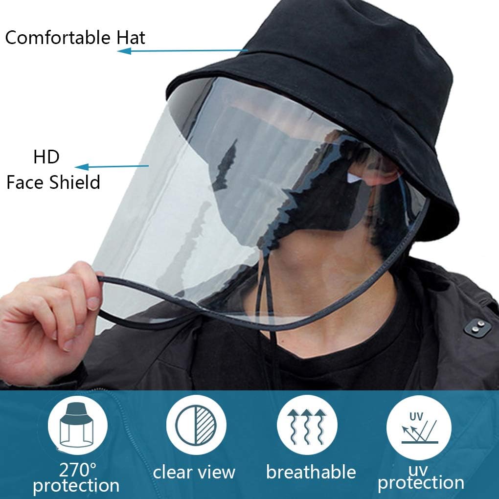 Protective Hat with Shield Anti-Fog Bucket Cap,UV Protection Sun Hats Dustproof Windproof Fisherman Hat Cover for Outdoor Activity Black
