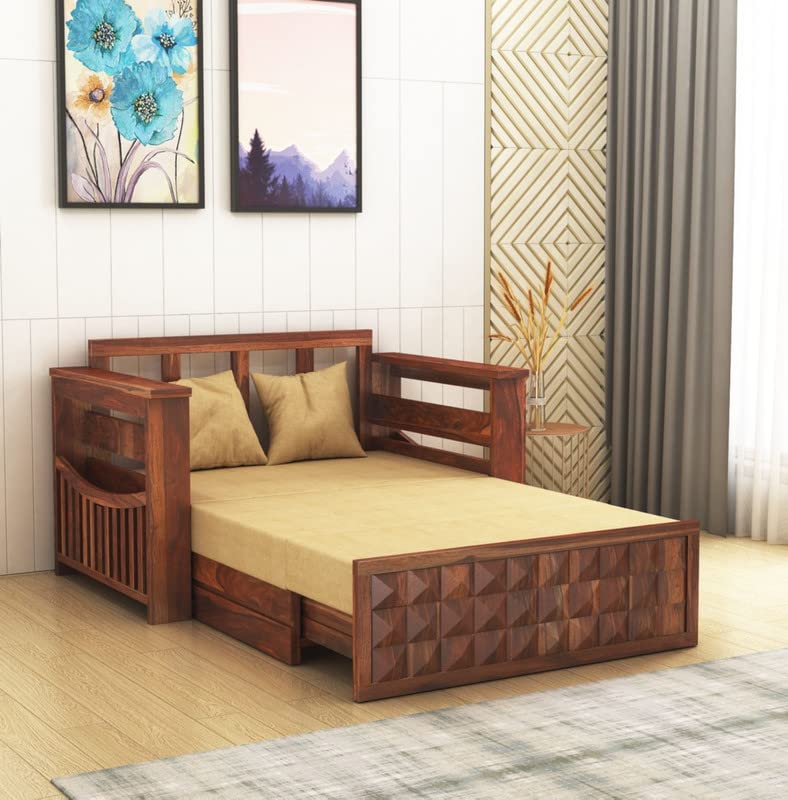 Image of Solid Sheesham Wood 2 Seater Diamond Sofa Cum Bed for Living Room with Storage and Side Pockets Couch Diwan Wooden Bedroom Furniture Two Seater Sofa for Home Hall and Office (Honey Finish)