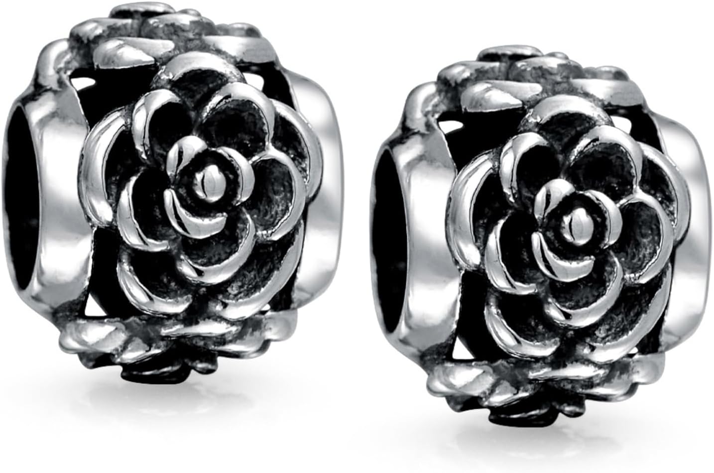 Bling Jewelry Set of Two Flower Garden Spring Floral Black Rose Charm Bead For Women For Teen Oxidized .925 Sterling Silver Fits European Bracelet