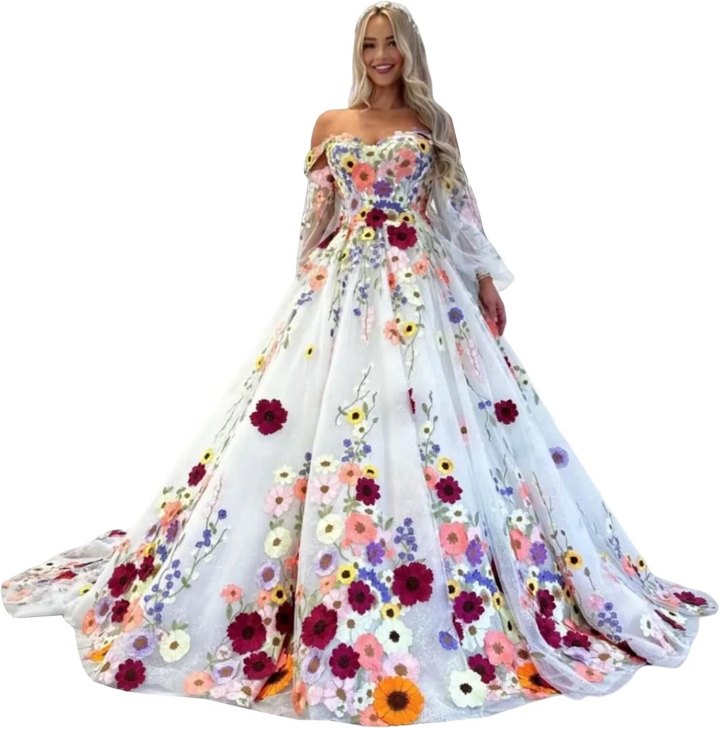 MKNDHRS Womens Boho Floral Wedding Dress for Bride 2025 Lace 3D Appliques Fairy Prom Formal Evening Gown