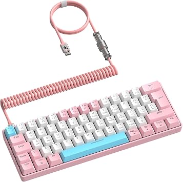 ZIYOU LANG RK-T60 Wired Mechanical Gaming Keyboard Mini Portable with Rainbow Backlit 62Key ABS Keycaps Full Anti-Ghosting Ergonomic Design Coiled Aviator Cable for PS4/PC/WIN GamerPink/Blue Switch