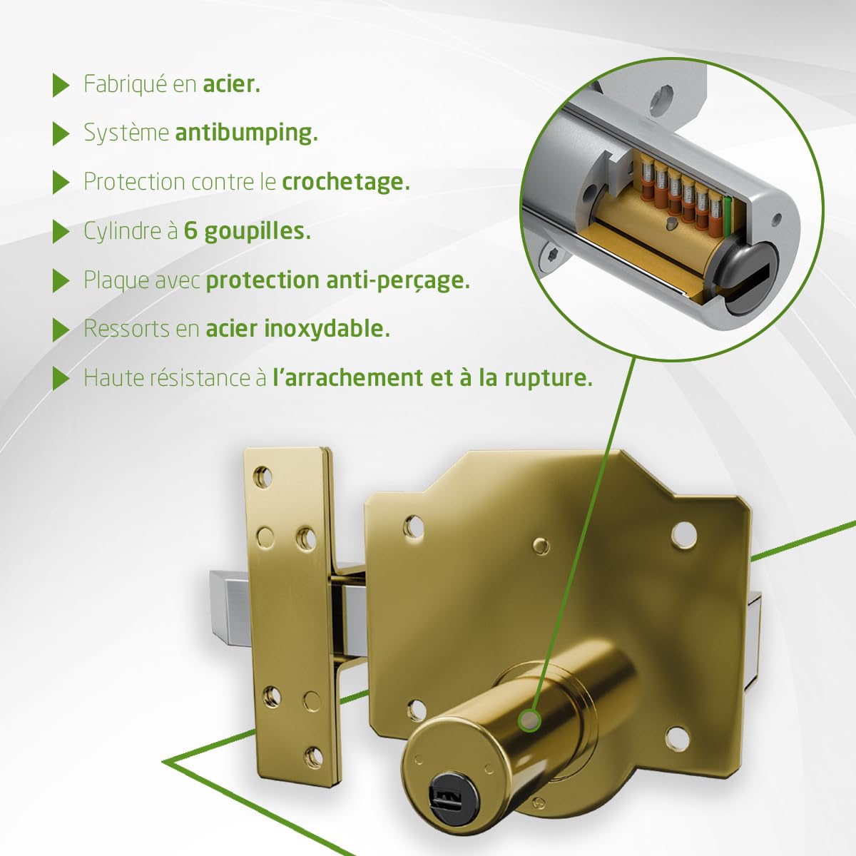 Amig - Verrou de Haute Sécurité à Loquet | Cylindre 50 mm | 90 x 154 mm | Acier | Or | Anti-bumping et Anti-perçage | Fermeture à Gauche