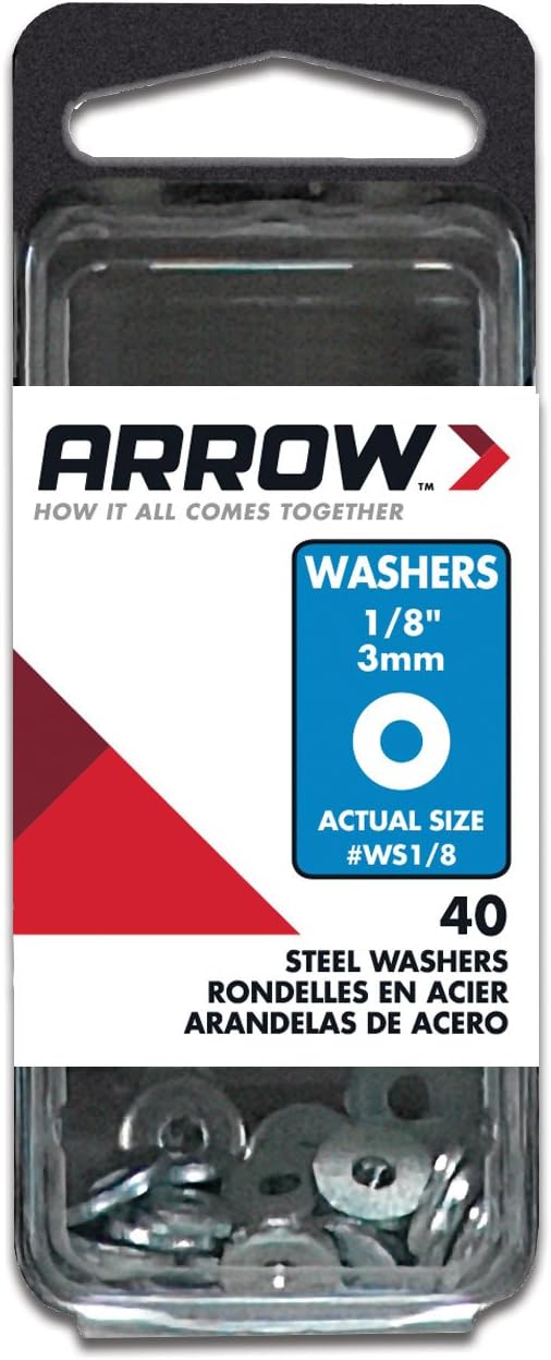 Arrow WS1/8 Steel 1/8-Inch Flat Washers for Screws, Bolts, and Rivets for Metal and Auto Repair, 40-Pack
