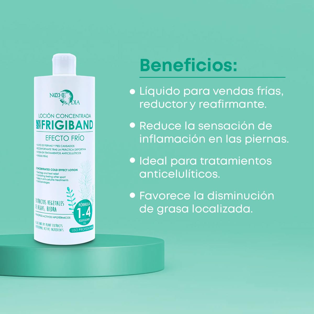 Noche y Día - FRIGIBAND - Loción Efecto Frío para Piernas Cansadas - Líquido para vendas Frías, Reductor y Reafirmante - Con Algas Fucus, Hiedra y Activos Hipotérmicos - 1000 ml