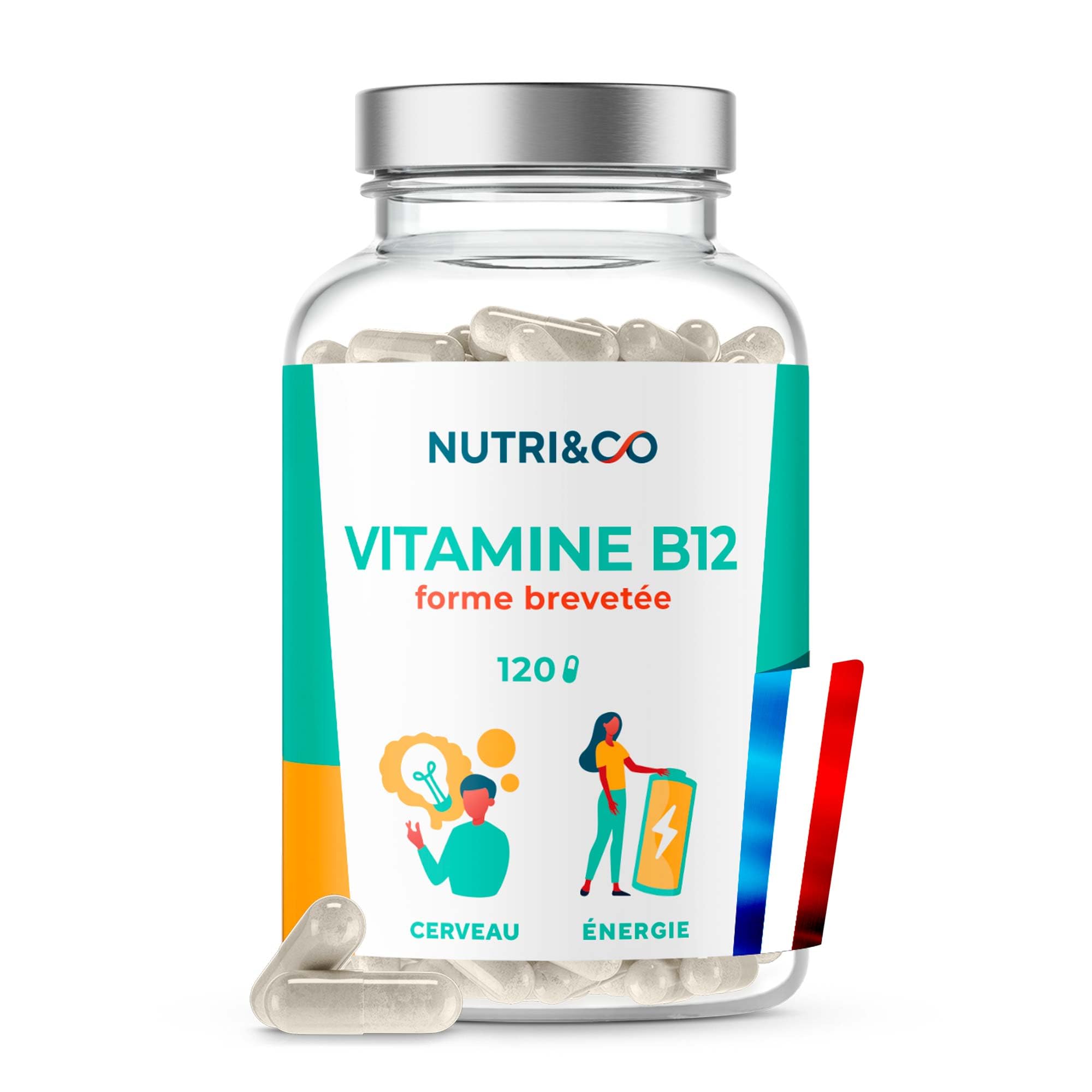NUTRI & CO Vitamine B12 Vegan 1000 mcg - Méthylcobalamine Brevetée Pure & Biodisponible - Haute Absorption - Anti Fatigue & Immunité - 120 gélules Sans Gluten - Conditionné en France