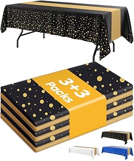 Graduation Decorations Table Cloth for Rectangle Table and Table Runner Set - 3+3 Pack, Black and Gold Plastic Tablecloth Disposable for Birthday, Wedding, Baby Shower, New Year