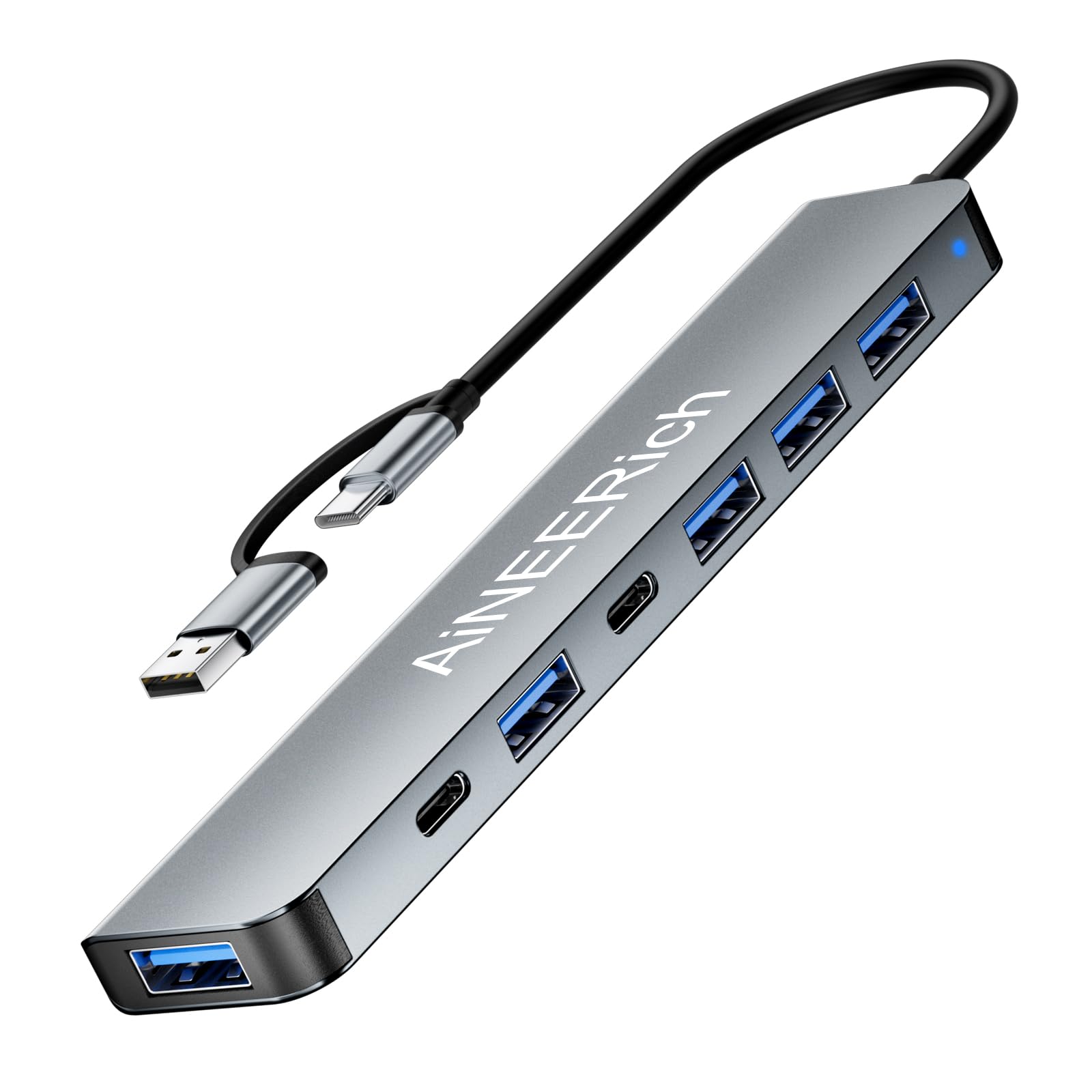 Adaptateur multiport USB C, hub USB de type C, adaptateur USB d'extension 3.0 2.0, hub USB 7 ports pour ordinateur portable, PC, Mac, MacBook Pro Air, iPad, ordinateur de bureau (gris) (7 en