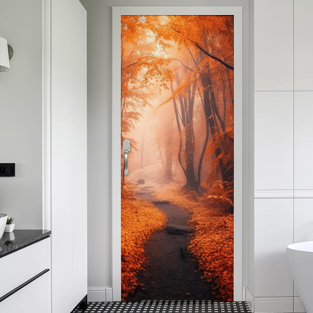 REDAMANCY 30.7"x79" Autumn Forest Scenery Peel and Stick Door Stickers Vinyl 3D Door Mural Decals Modern Door Wallpaper Self-Adhesive, Waterproof, Removable Decor for Kitchen Living Room Bedroom