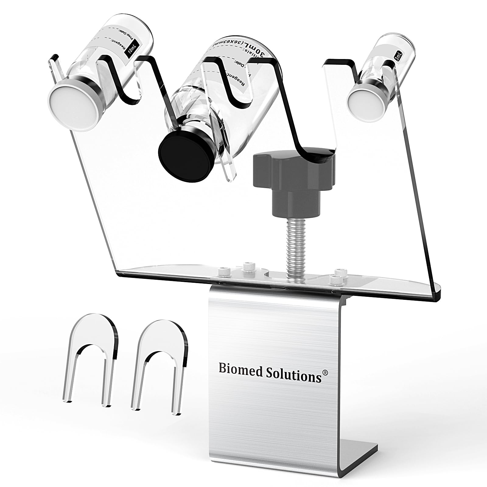 Biomed Solutions Support transparent mains libres pour flacon de médicaments avec 6 emplacements et couvercle de sécurité en option, pince réglable jusqu'à 3,8 cm d'épaisseur, s'adapte à différentes
