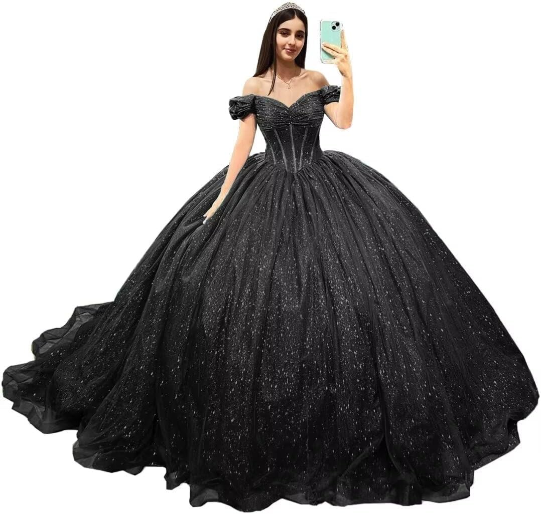 Fuomomo Women's Black Off Shoulder Sparkly Tulle Quinceanera Dresses Puffy Pleated Prom Dresses Ball Gowns Sweet 16 Dresses With Train