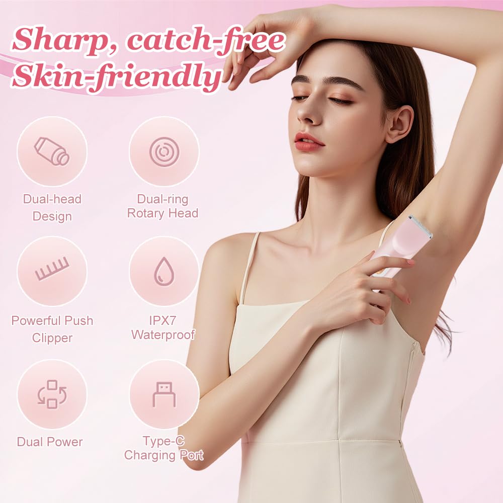 Rasoio elettrico da donna 2 in 1, Bikini Trimmer, impermeabile, utilizzabile sia a secco che bagnato, per gambe, braccia, ascelle e zona bikini (Rosa)