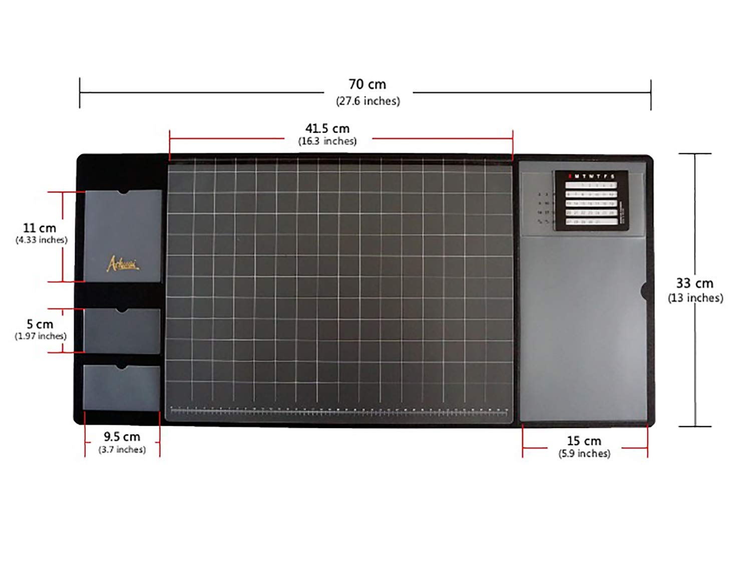 Multifunktionale Schreibtischunterlage, Schreibtisch Zubehör mit Kalender, mit Taschen für Notizen, Monatsplaner, Fotos, Visitenkarten, wasserdicht und rutschfest, 70 x 33 cm, Schwarz