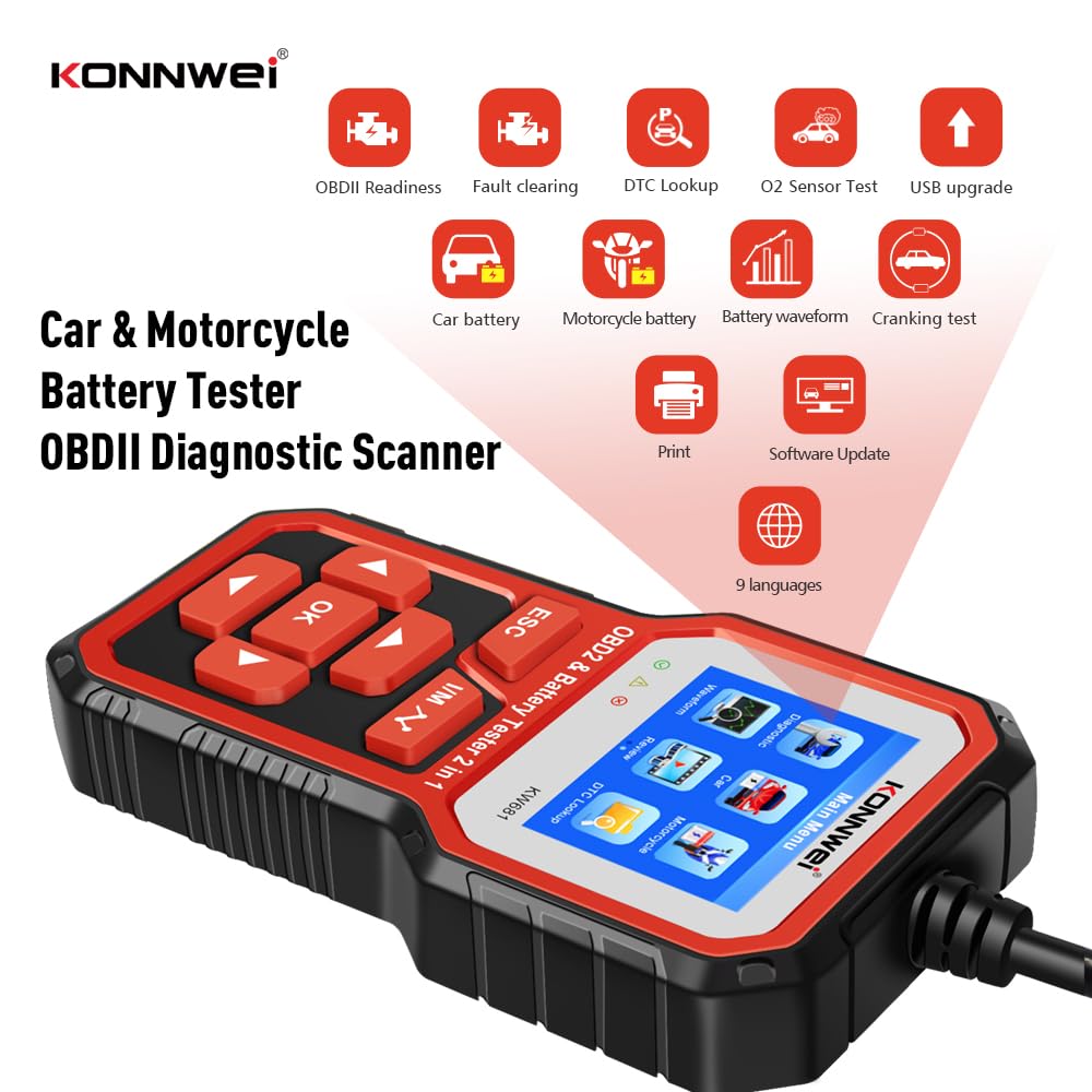 KONNWEI KW681 OBD2 Diagnosegerät & 6V/12V Batterietester, 2-in-1 OBD2 Scanner mit Live-Daten, Fehlercode Auslesegerät, Motorprüfer, Auto-Diagnosetool für BMW VW Audi Benz SUV Alle OBDII Fahrzeugen