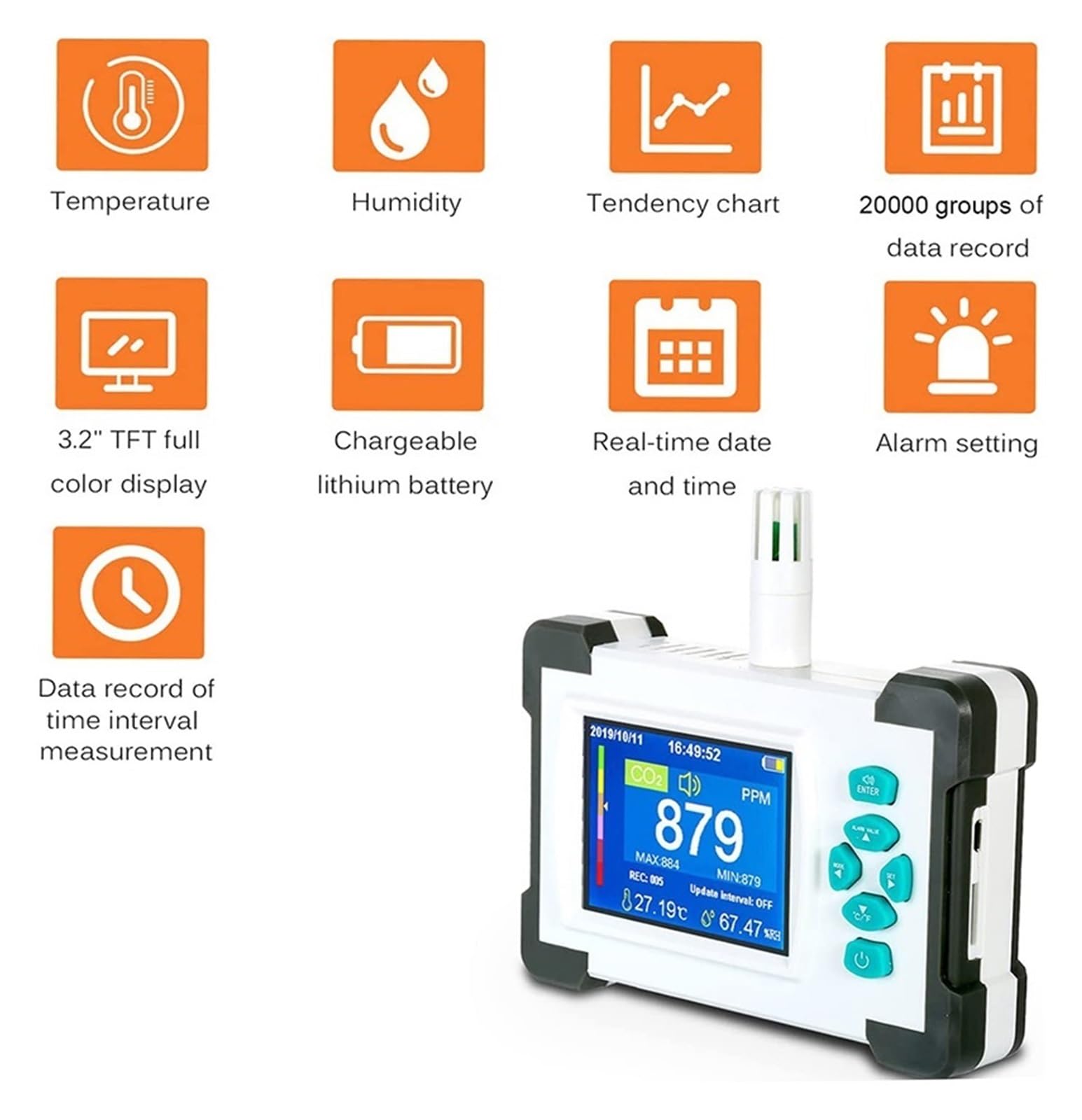 Professionelles Gasanalysator-Wachstumszelt, digitales CO2-Messgerät, Monitor for Gasspeicherdaten, Temperatur- und Luftfeuchtigkeitsmonitor for Zuhause, CO2-Luftqualität(SR-510)