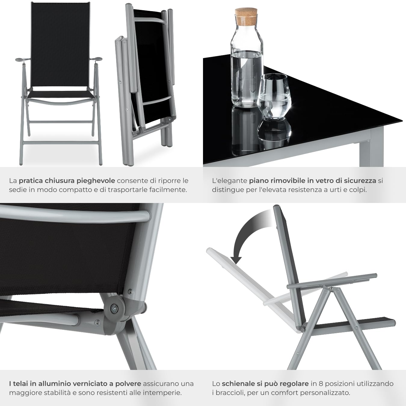 tectake® Set Tavolo da Esterno con Sedie, Telaio Alluminio, 1 Tavolo da Giardino Piano in Vetro, 4 Sedie Pieghevoli, Schienale Reclinabile 8 Posizioni, Set Resistente alle Intemperie - Grigio/Argento