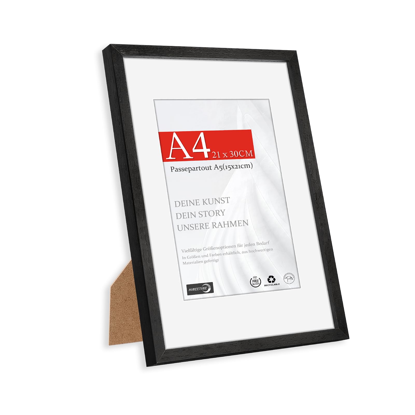HIMEETIME® 1x A4 21x29.7cm Picture Frames | Black Obeche Wood | 15x21cm Mat Included | 21x30cm Certificate Frame with Shatterproof Acrylic Glass | Wall Mount or Tabletop
