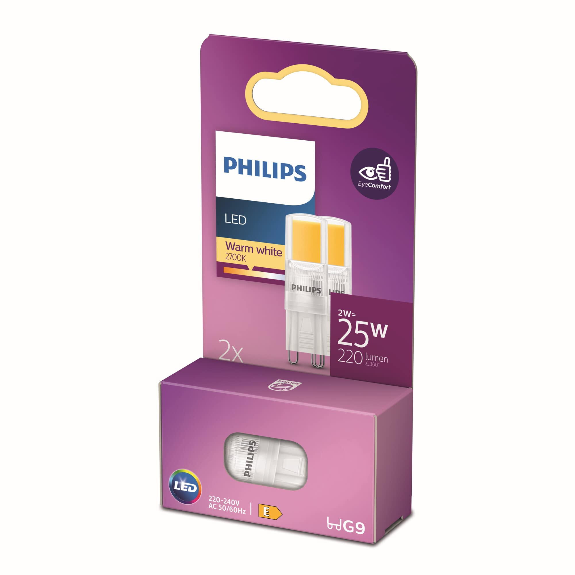 PHILIPS LED Standard Brenner, Ersatz für 25W Halogen, G9 Sockel, warmweißes Licht 2700K, 2er Pack, alte Generation