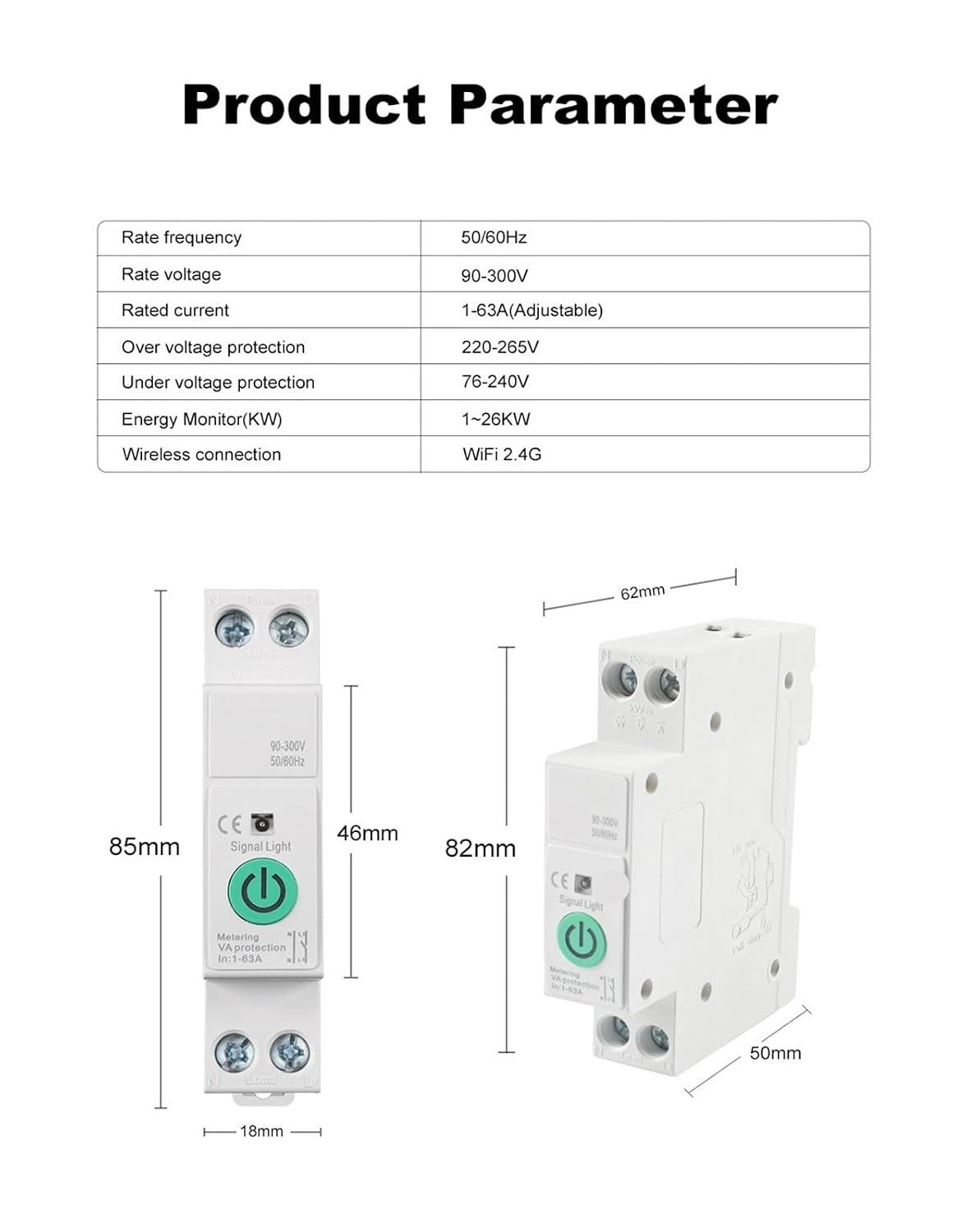 Circuit Breaker Power Meter 1-63A Timer Voltage and Current Protection