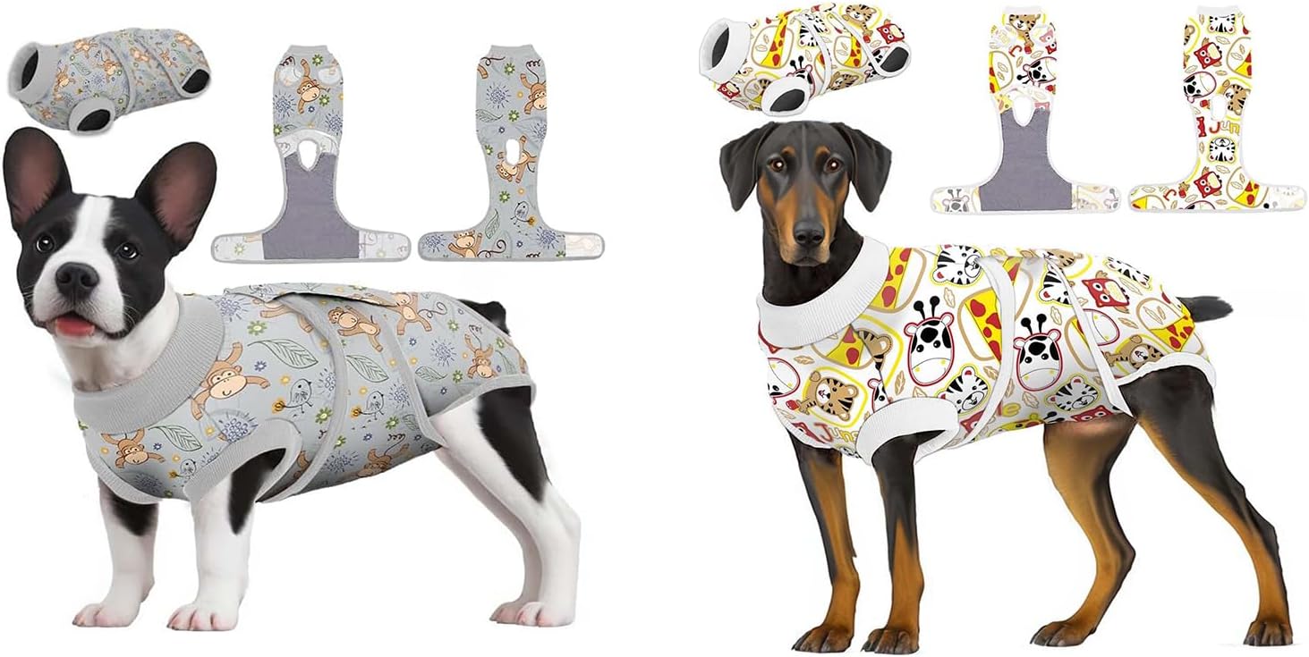 PetWarm Recovery Suit for Dogs, Monkey Pattern, Grey and Zoo Pattern, Red White, XS