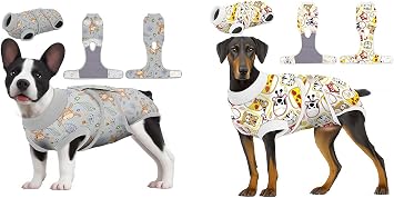 PetWarm Recovery Suit for Dogs, Monkey Pattern, Grey and Zoo Pattern, Red White, XS