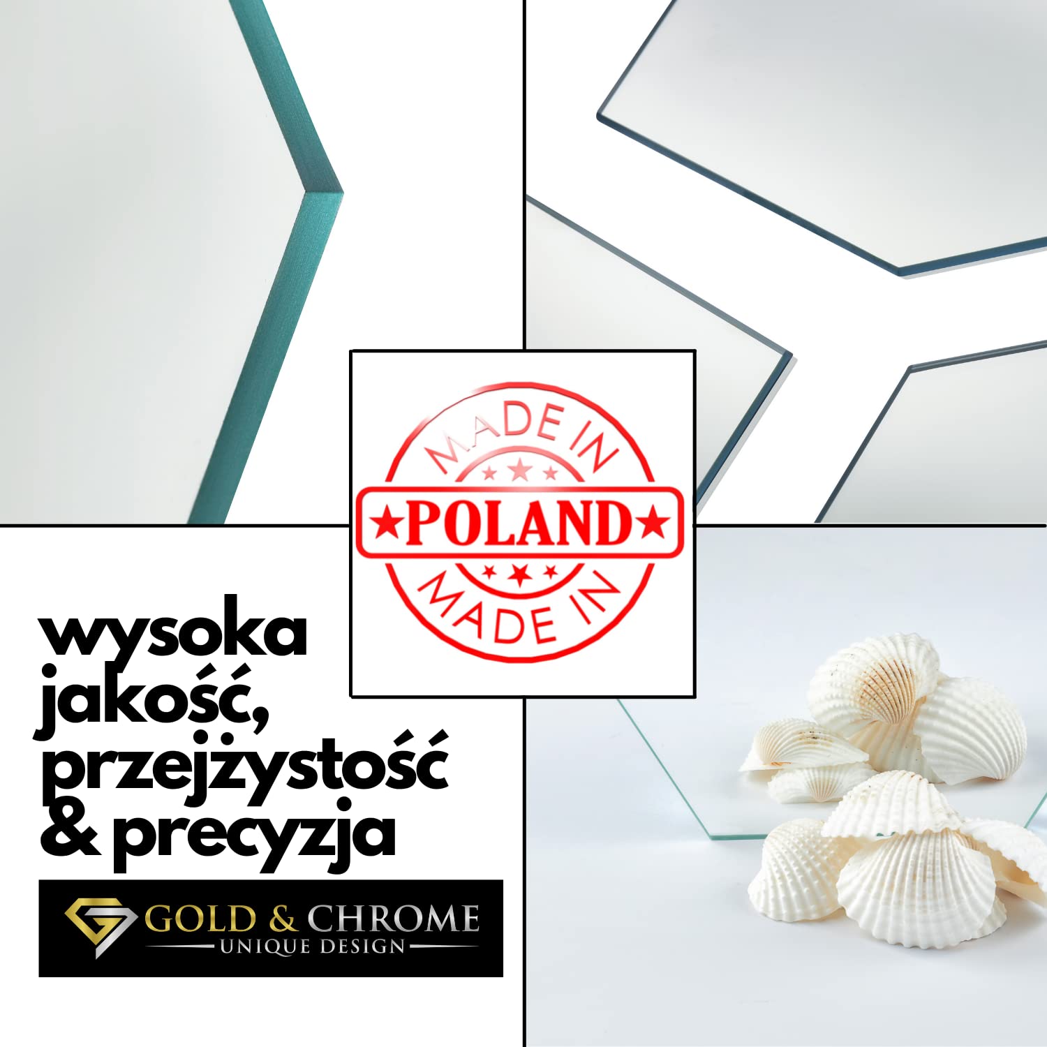 GOLD&CHROME UNIQUE DESIGN Kryształowe Lustro Ścienne, Zestaw 6 Sztuk, Sześciokątne, 24 cm x 21 cm x 0,3 cm, 0,3 kg, Samoprzylepne, Dołączona Taśma, C-Kant, Nowoczesne, Minimalistyczne