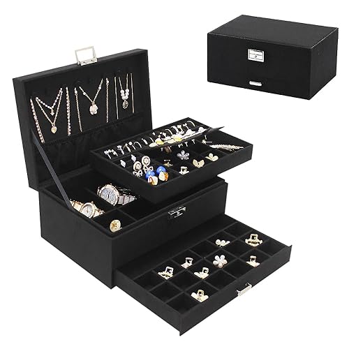 PACOLO Large Jewelry Organizer Box for Women and Men, Velvet Jewelry Box with Lock and Drawers, 3-Tier Display Case, Varying Compartments for Necklace, Bracelets, Earrings, Rings and Watch (Black) - Black