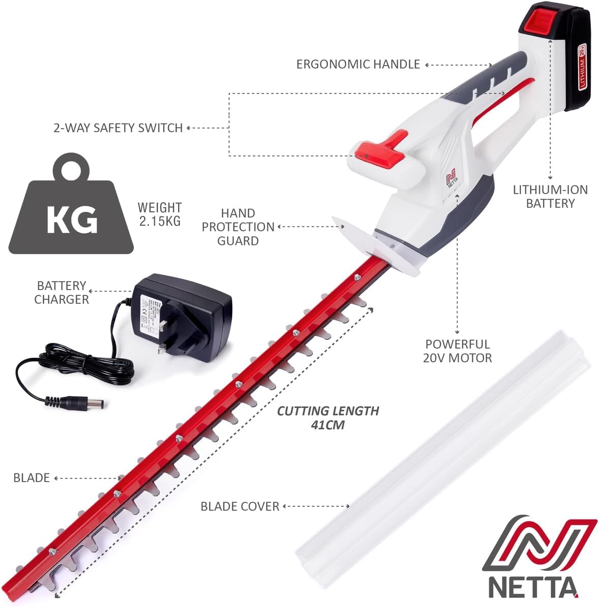 Diagram of NETTA Cordless Hedge Trimmer showing all components: Ergonomic Handle, 2-Way Safety Switch, Lithium-Ion Battery, Hand Protection Guard, Battery Charger, Blade, Blade Cover, and indicating 2.15KG weight and 41CM cutting length.