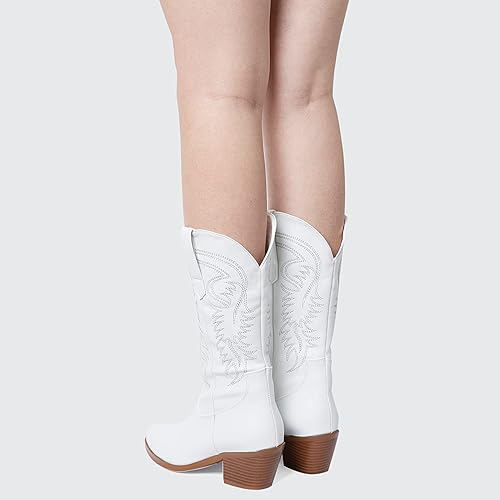 Miniatura 7 de AMINUGAL Botas vaqueras para mujer, botas vaqueras de media pantorrilla, punta puntiaguda, tacón grueso, bordadas, botas occidentales para mujer,