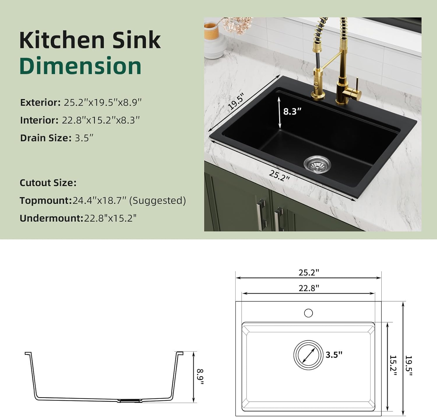 Davivy 25 Inch Black Granite Composite Kitchen Sink Workstation, Quartz Kitchen Sink Black, Drop in & Undermount Installation, Single Bowl Design with Accessories