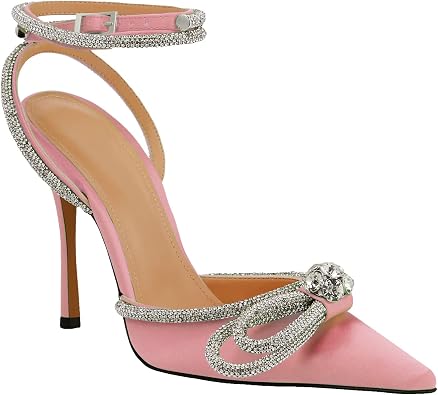 JANSEVEN Rhinestone Bow Heels Black Satin Bowknot Heeled Sandals For Women Ankle Strap Pumps Knotted Sparkling High Heels Closed Pointed Toe 3 In Wedding Bridal Shoes