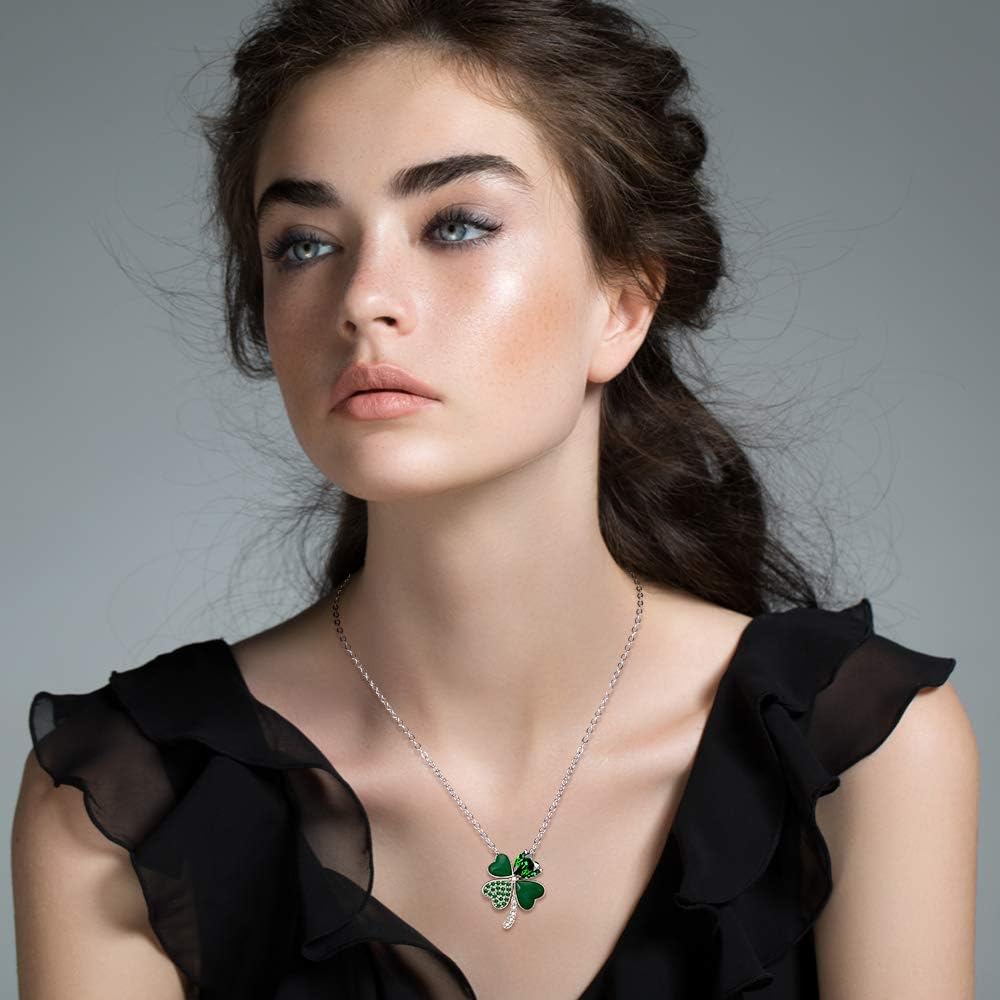 ST Patricks Day Irish Four Leaf Clover Shamrock Necklace for Women Heart 925 Sterling Silver Charm Fashion Green Love Emerald Pendant Choker Diamond Crystal Prom Valentine Necklaces - Image 2