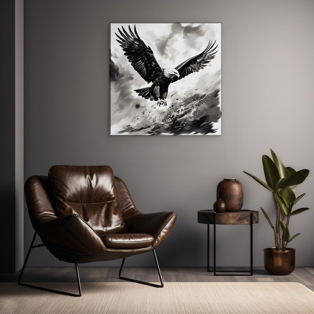 Canvas for Living room. Majestic Flight of the Bald Eagle: A Study in Black and White Digital Artistry, 27 x 18 inch Canvas Wall Art - Ready to Hang - 69x46 cm (27x18 inch)