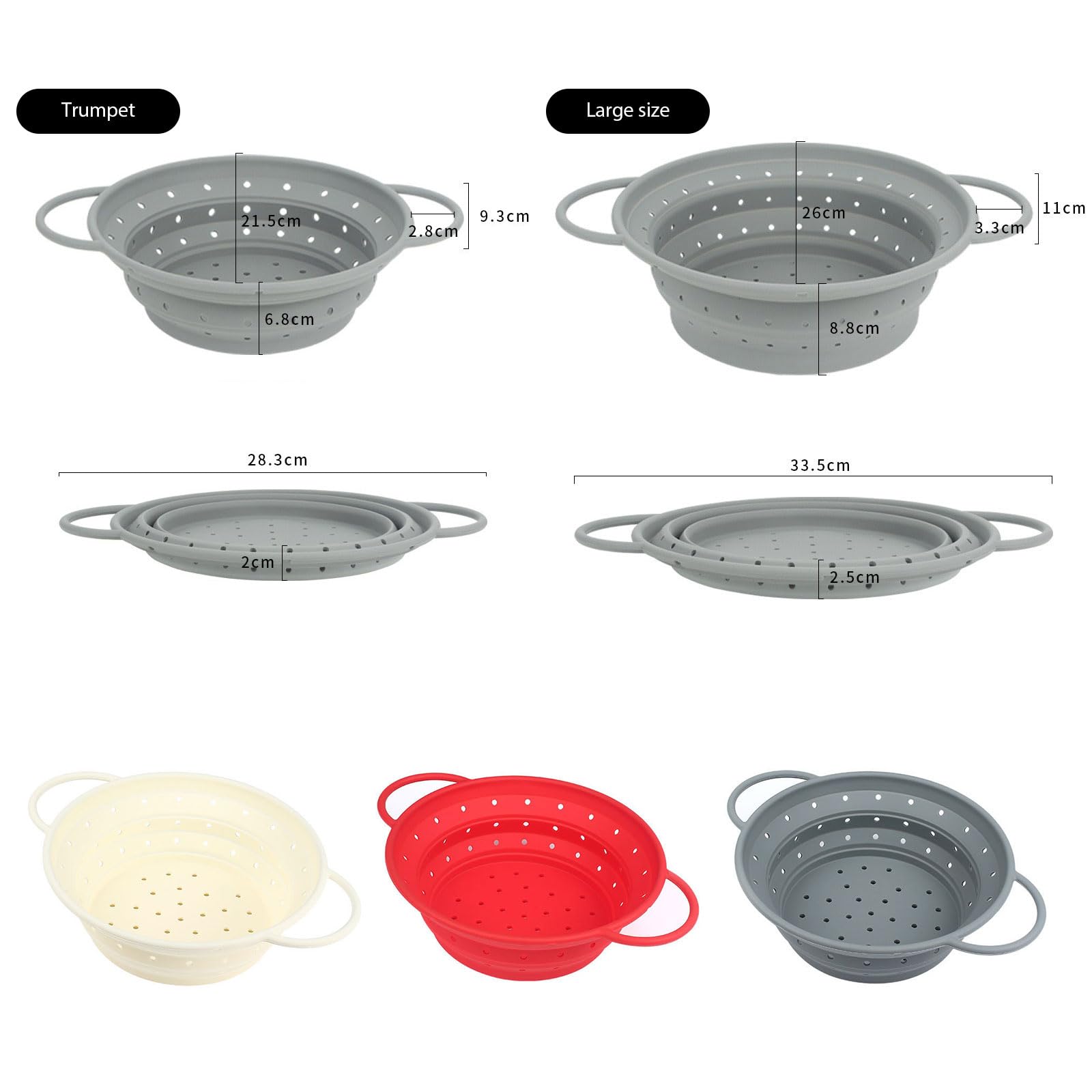 3 coladores plegables de silicona de grado alimenticio, seguros para uso en la cocina, para un fácil almacenamiento, colador de camping