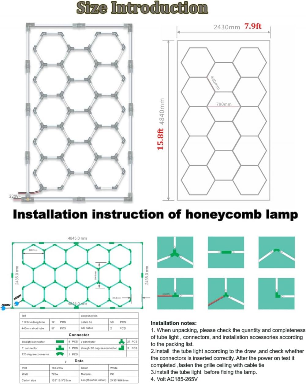 Plafonnier LED En Nid D'abeille, Garage Hexagonal 720 W, 6500 K, Économie D'énergie, Pour Garage Soussol Entrepôt Salon De Beauté Automobile Atelier D'esthétique Automobile