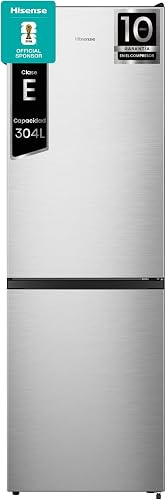 Hisense RB390N4ACE - Frigorífico Combi No Frost, Eficiencia Clase E, Capacidad 304 L con 186 cm Alto, Cajón Verduras, Puerta Reversible, Silencioso 39dB, Color Inox          [Clase de eficiencia energética E]