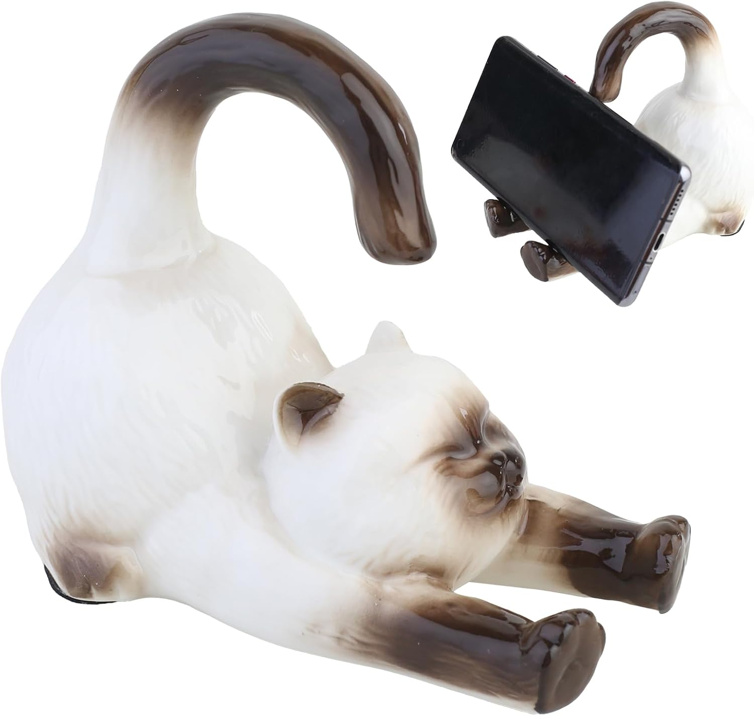 Ceramic Cat Shape Mobile Phone Holder - Cute Desktop Smartphone Holder for Office, Home décor and Gifts (White-Brown)