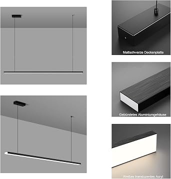 モダンなLEDペンダントライト器具 ダイニングルーム キッチン バー & オフィス用 - 高さ調節可能 ブラック ハンギングランプ 6000K ホワイトライト 100cm