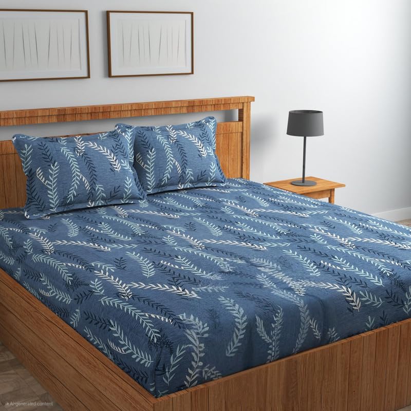 Image of Blue Strip 300 TC Cotton Feel Glace Cotton Elastic Fitted Printed King Size Double Bed Bedsheet with 2 Pillow Covers Fits Upto 9 Inches, Size 72x78x10 Inches