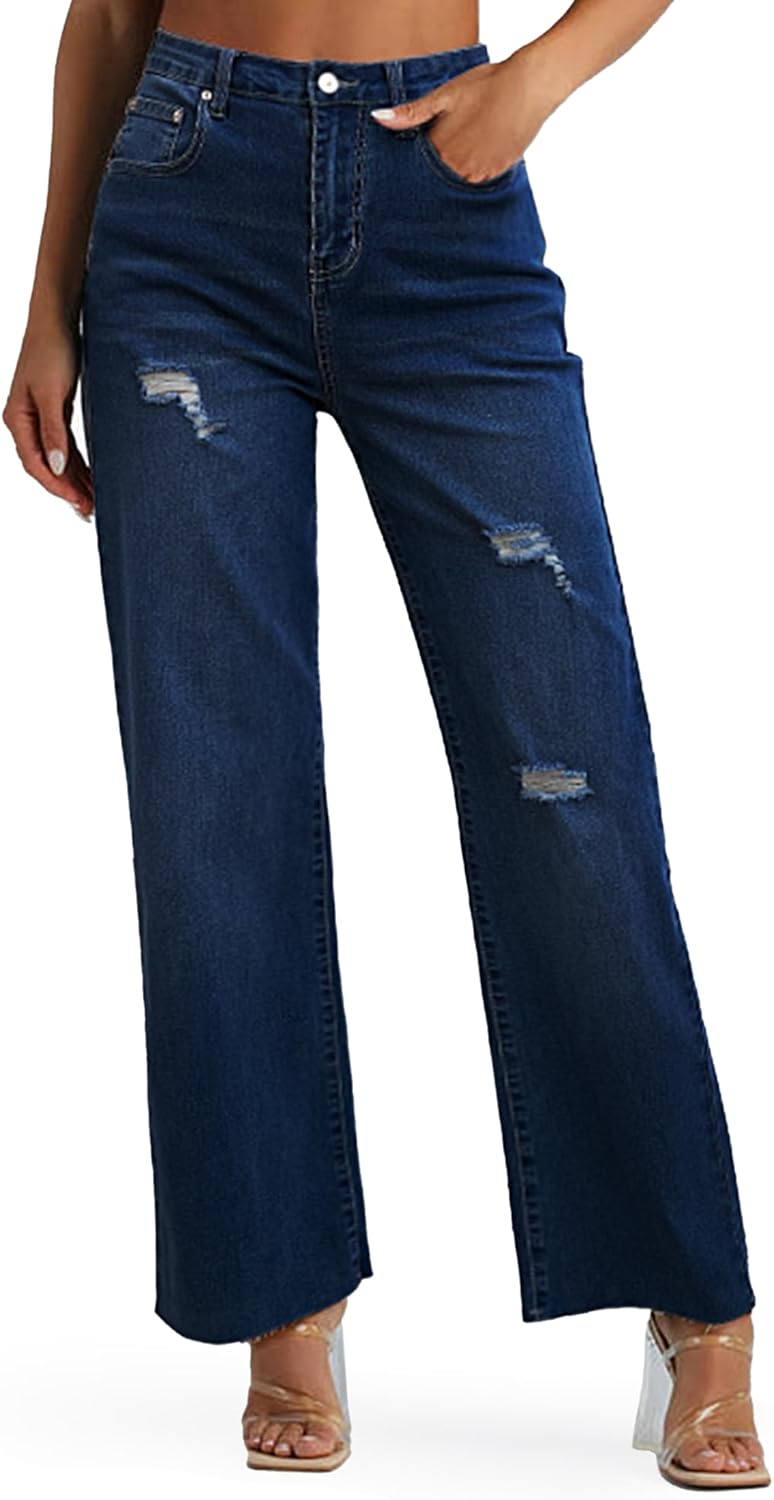Genleck Women's Wide Leg Jeans Casual High Waisted Stretchy Jeans Straight Leg Denim Pants with Pockets