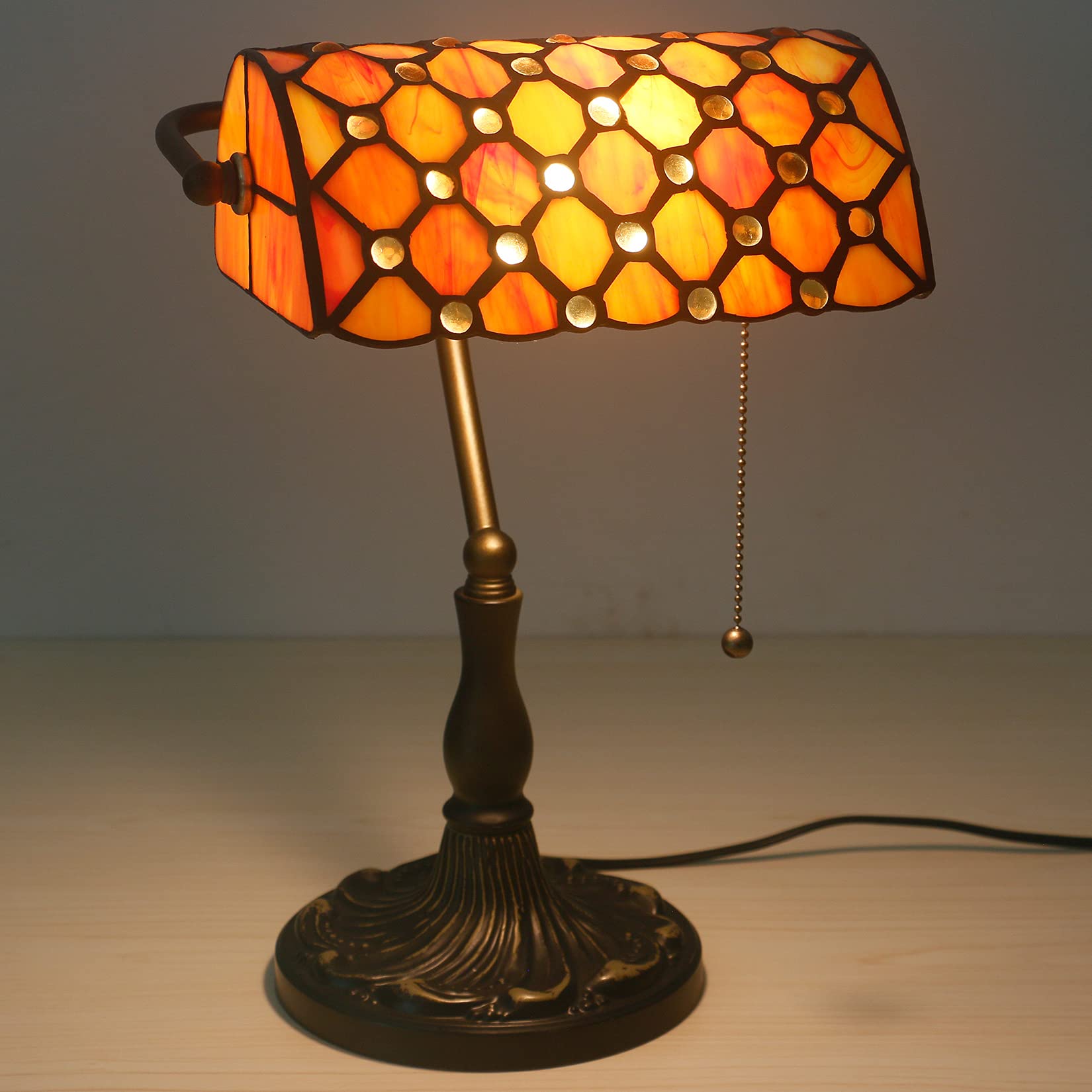 (17 Variation Tiffany Bankiers Tischlampe, Buntglaslampe, Kristallperlen Schreibtischlampe, Studienschlafzimmer Nachts Leselampe,Orange Yellow Glass Bead Shade