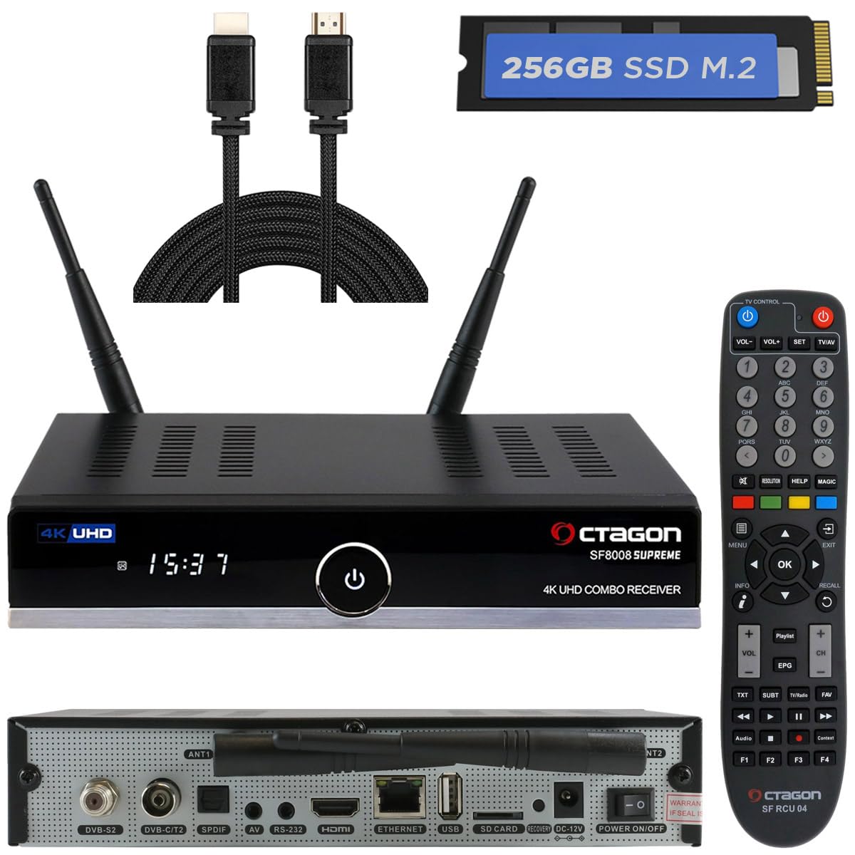 Octagon SF8008 4K Supreme Combo + 256GB Festplatte INTERN + NONIC HDMI Kabel, Sat- Kabel- & DVB-T2 Receiver, E2 Linux & Define OS, mit Aufnahmefunktion, M.2 M Key, Gigabit LAN, Sat to IP, WiFi
