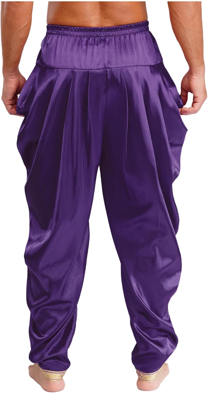JanJean Mens Satin Indian Dhoti Style Pants Casual Elastic Waist Harem Indian Wedding Party Boho Hippie Trousers