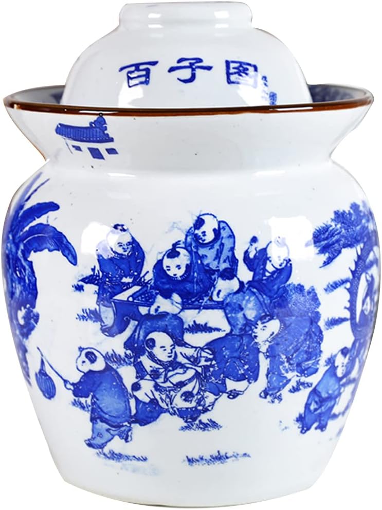 White Traditional Chinese Porcelain Pickle Jar, Ceramic Fermentation Crock Pickling Pot,Fermenting Jar with Water Seal Airlock Lid Stoneware Fermenter for Kimchi 7KG