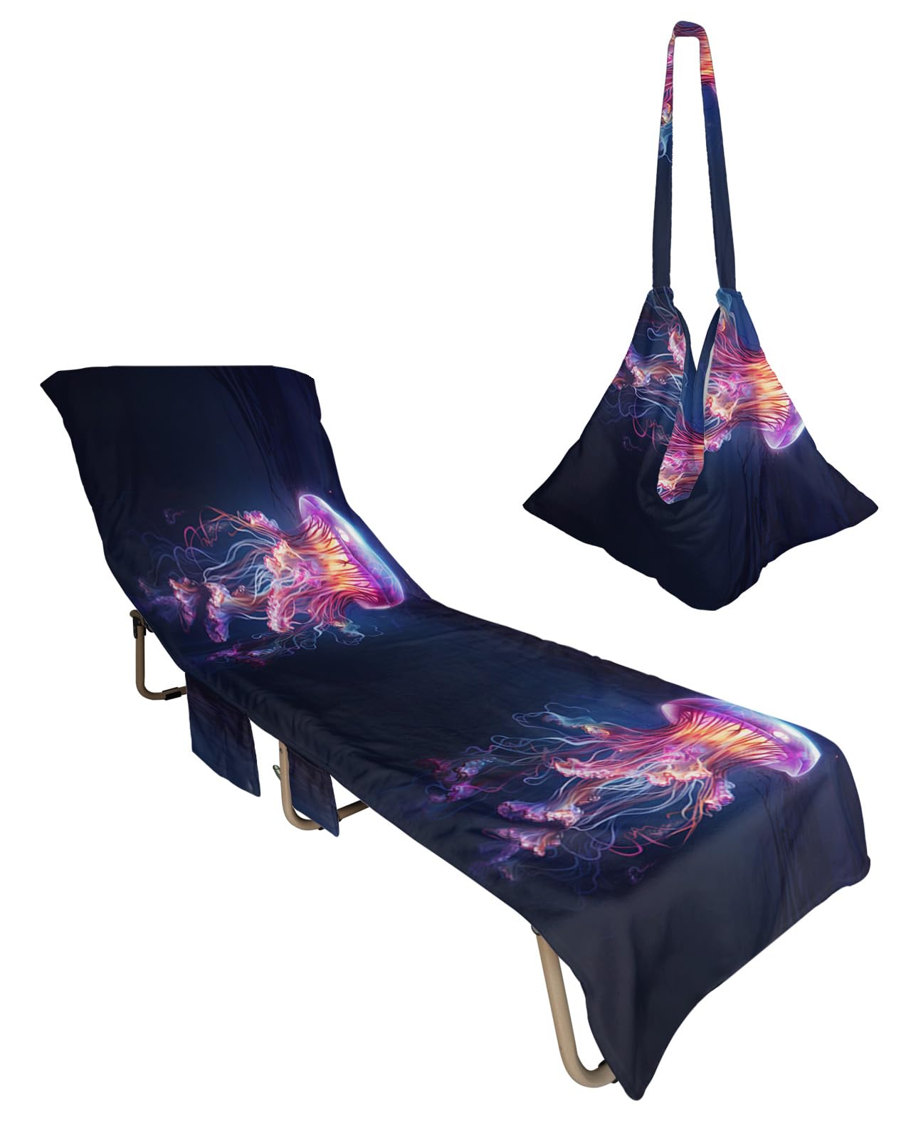 Purple Ombre Jellyfish Beach Lounge Chair Towel Cover, Soft Chaise Lounge Towel with Side Pockets Patio Pool Chairs Cover for Beach/Pool Sunbathing 29x85 Ocean Coastal Nautical Jellyfish
