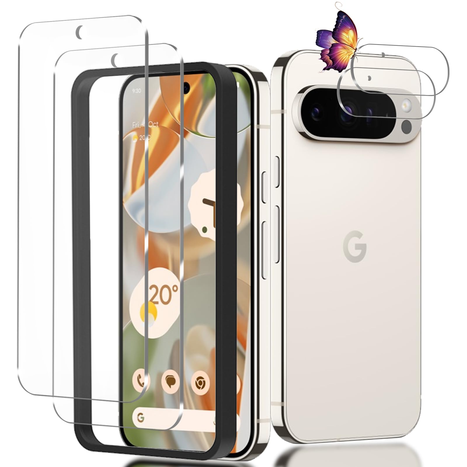 【2+2枚セット】Google Pixel 9 pro 用のガラスフィルム(2枚)+カメラフィルム(2枚)ピクセル9 Pro 用の フイルム 強化液晶保護フィルム ワンタッチ貼付け/気泡ゼロ/ケースと干渉せず/硬度9H/飛散防止/指紋防止/指紋認証対応