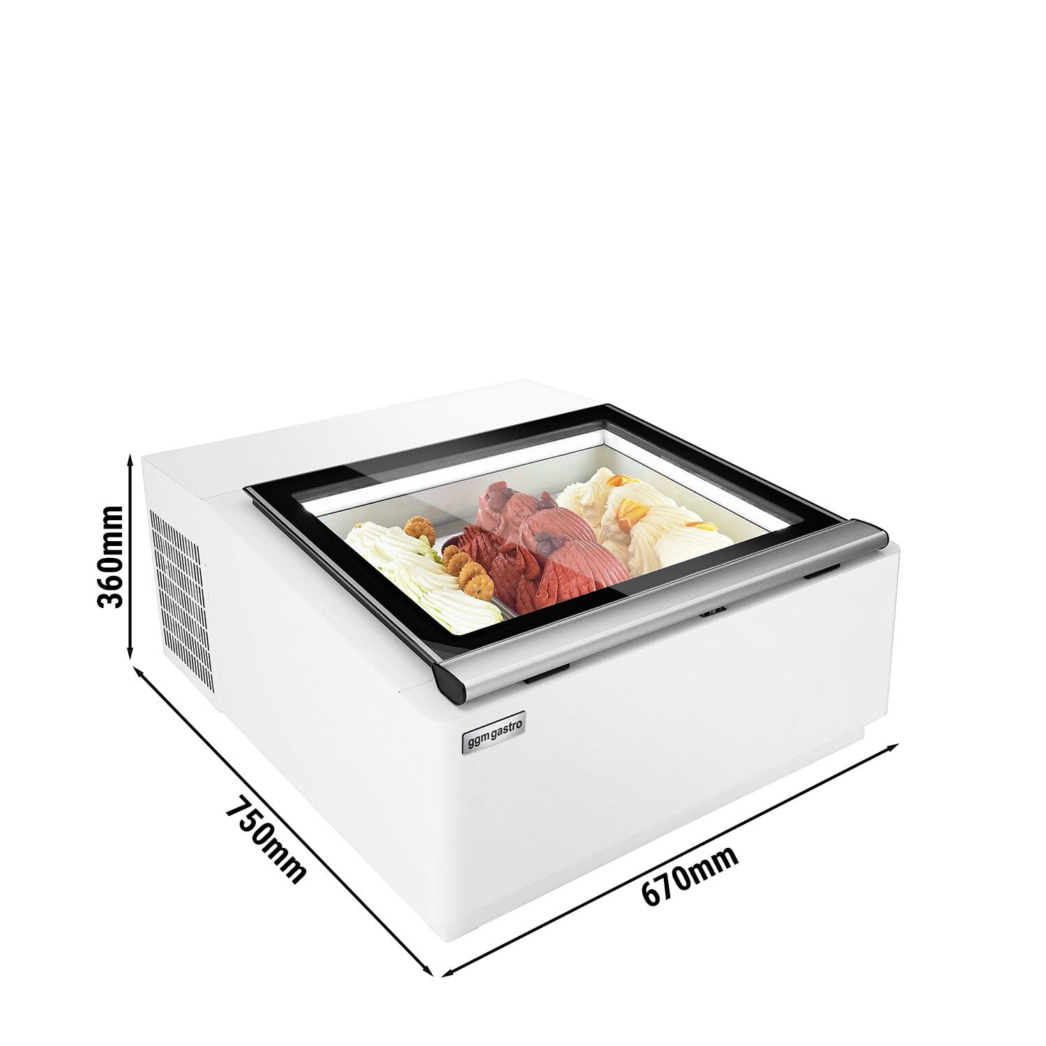 Tisch-Eisvitrine - 670mm - Statisch - für 3x 5 Liter Eisbehälter - Deckelöffnung zur Bedienungsseite | robuste Edelstahlbauweise, beheizbare Scheiben, digitale Temperaturkontrolle, automatische Abtauung, sofort einsatzbereit